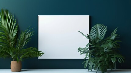 Immerse yourself in a lush green paradise, featuring an empty white mockup frame against a deep blue wall, offering a perfect canvas for your unique decor.