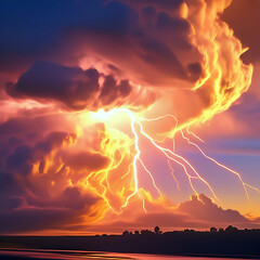 Bright lightning in the sky. Night thunderstorm. Dark colors. The power of raging nature.