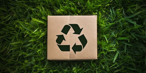 Cardboard recycle symbol on grass, recycle symbol placed on a vibrant green
