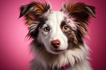 Portrait of a border collie dog on a pink background.