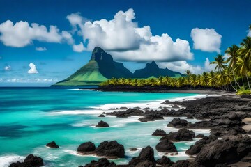 **landscape with le mome beach and mountain at mauritius island, Africa - obrazy, fototapety, plakaty