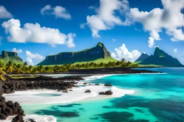 *landscape with le mome beach and mountain at mauritius island, Africa - obrazy, fototapety, plakaty