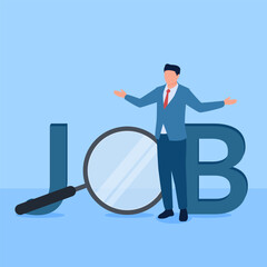 People ask about work in front of the word job, a metaphor for looking for work. Simple flat conceptual illustration.