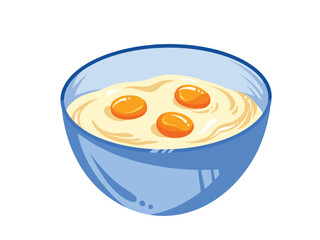 Three raw eggs inside blue bowl vector illustration isolated on white horizontal background. Simple flat cartoon art styled full colored drawing. Cooking and baking themed art.