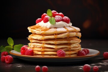 Stack of pancakes with fresh raspberries and cream on dark background. Gourmet breakfast.