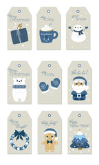 Set Of 9 printable Christmas gift tags for gift boxes with cute characters. Snowman, present, bear, gingerbread man, Santa Claus, Christmas tree, wreath, mittens. Set of blue and white  gift tags