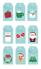 Set Of 9 cute printable Christmas gift tags for gift boxes with cute characters. Snowman, present, bear, gingerbread man, Santa Claus, Christmas tree, wreath, mittens. Colorful Christmas gift tags