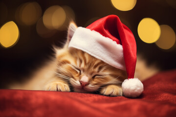 Gatinho fofo usando um gorro vermelho de natal dormindo tranquilo - Papel de parede
