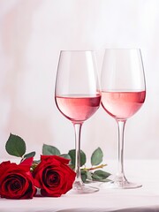 Two glasses of rose wine and bouquet of red roses on white background.
