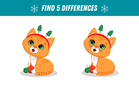 Find 5 differences between two pictures of cute red cat. Cute ginger kitten. Christmas game. Activity page. Xmas. 