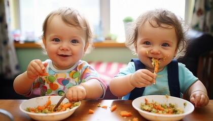Two happy infants tasting vegetables with a smile - obrazy, fototapety, plakaty