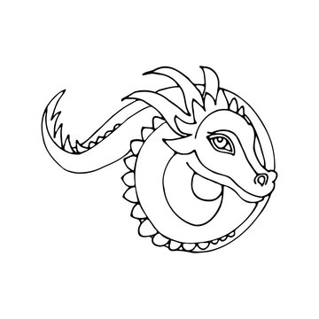 Vector illustration of a dragon on a white background in cartoon style. Dragon in the center of the illustration for decoration and decoration.