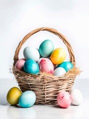 Fototapeta na wymiar Easter painted eggs in a wicker basket on white background.