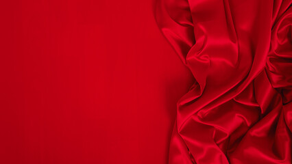 Red silk satin. Luxury background with space for design. Banner. Flat lay, top view. Template....
