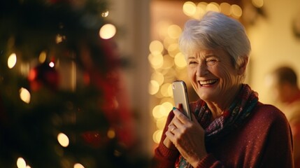 An older woman smiles while looking at her cell phone