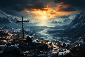 cross standing by the roadside in the mountains, winter landscape. AI generativ.