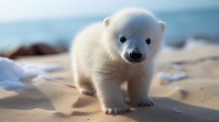 A small white polar bear standing on top of a sandy beach