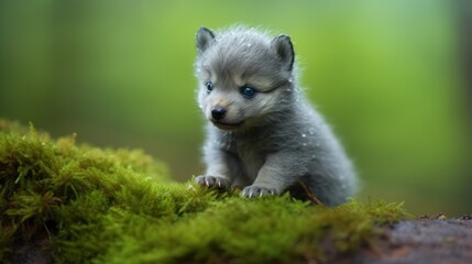 A small gray puppy sitting on top of a lush green forest