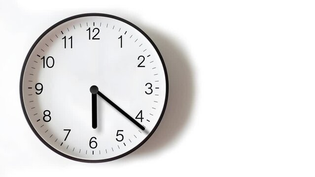Analog wall clock spinning animation through the hours. AI generated clock image with copy space to the right