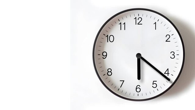 Analog wall clock spinning animation through the hours. AI generated clock image with copy space to the left