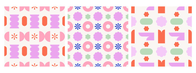 Contemporary abstract colorful seamless pattern set. Modern geometric shapes vector patterns