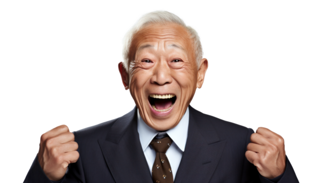 Joyful Senior Asian Man in Business Attire