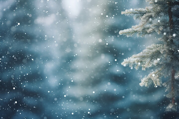 Closeup of Christmas tree with light, snow flake. Generated AI
