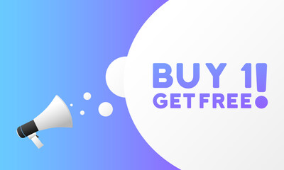 Buy 1 get free sign. Flat, purple, megaphone text, buy 1 get free icon. Vector illustration