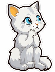 Cartoon sticker kitten looks to the side expectantly on white background isolated, AI