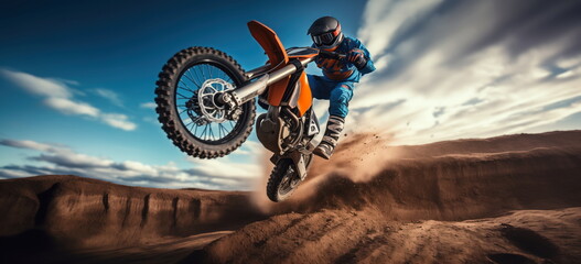 motorcycle stunt or car jump. A off road moto cross type motor bike, in mid air during a jump with a dirt trail. cnayon with blue sky. Wide format. hand edited generative AI.
 - obrazy, fototapety, plakaty