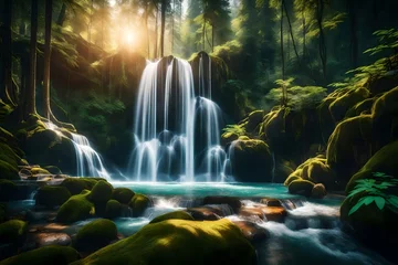 Fotobehang beautiful 3d nature and landscape wallpaper of a waterfall in a forest with sun ray © Mazhar