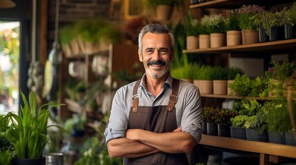 florist standing in his store with green plants in background.  - obrazy, fototapety, plakaty