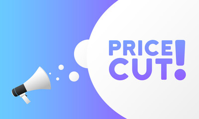 Price cut sign. Flat, purple, megaphone text, price cut sign. Vector illustration