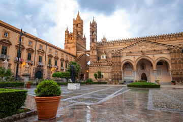 Garden and entry of famous Palermo Cathedral in Palermo, Italy