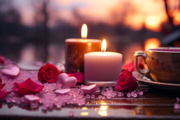 valentines day background, social media background for vday, full of romance cards with love, red rose and candles	