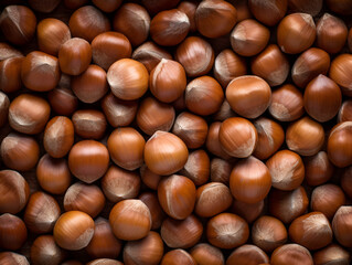 Hazelnuts close-up background, view from above