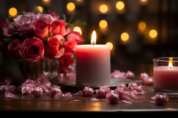 Obraz na płótnie Canvas valentines day background, social media background for vday, full of romance cards with love, red rose and candles 