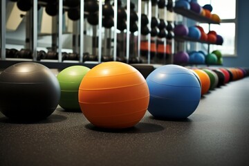 A gym fitness club's functional training area featuring a selection of medicine balls