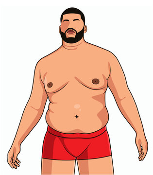Fat man with a pot belly and body fat, wearing red sweatpants