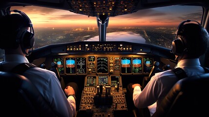 two pilots in plane cabin, airplane cockpit and control panel with captain and crew - obrazy, fototapety, plakaty