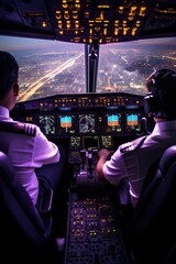 two pilots in plane cabin, airplane cockpit and control panel with captain and crew - obrazy, fototapety, plakaty