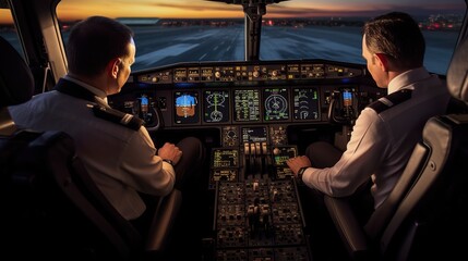 two pilots in plane cabin, airplane cockpit and control panel with captain and crew