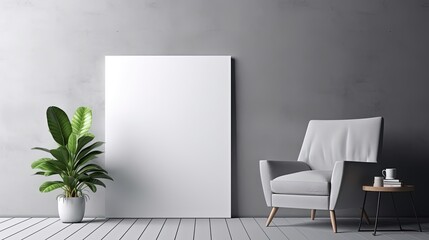 Armchair, house plant and a big art in modern home decoration. Part of the interior in a minimalist style against the background of a dark gray concrete wall. Photo with copy space.