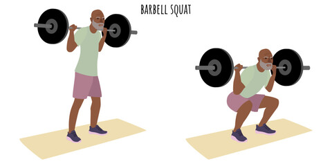 Senior man doing barbell squat exercise