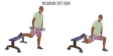 Senior man doing bulgarian split squat exercise