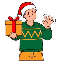 Boy in a Santa Claus hat holding a gift box