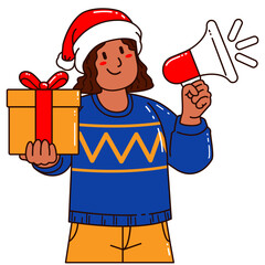 Girl in a Santa Claus hat holding a gift box and megaphone