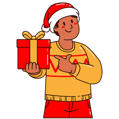 Boy in a Santa Claus hat holding a gift box