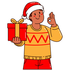 Boy in a Santa Claus hat holding a gift box