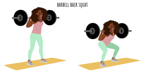 Young woman doing barbell back squat exercise